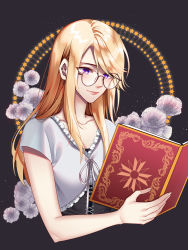 Rule 34 | 1girl, absurdres, black dress, blonde hair, blush, book, bronzesauluoi, closed mouth, collarbone, commentary, dress, english commentary, final fantasy, final fantasy xv, flower, frills, glasses, hair between eyes, highres, holding, holding book, jacket, lips, long hair, purple eyes, reading, ribbon, smile, solo, star (symbol), stella nox fleuret, white flower, white jacket, white ribbon