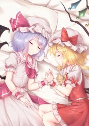 Rule 34 | 2girls, bat wings, bed sheet, blonde hair, blue hair, commentary, closed eyes, flandre scarlet, holding hands, hat, lying, minust, mob cap, multiple girls, nail polish, on side, pillow, puffy short sleeves, puffy sleeves, red nails, remilia scarlet, short sleeves, skirt, skirt set, sleeping, touhou, wings, wrist cuffs