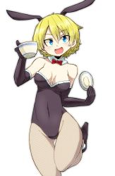 Rule 34 | 10s, 1girl, alternate costume, animal ears, aono3, black footwear, black gloves, black leotard, blonde hair, blue eyes, bow, bowtie, braid, breasts, cowboy shot, cup, darjeeling (girls und panzer), detached collar, elbow gloves, fake animal ears, fishnet pantyhose, fishnets, girls und panzer, gloves, highres, holding, leg up, leotard, looking at viewer, medium breasts, open mouth, pantyhose, playboy bunny, rabbit ears, red bow, red bowtie, saucer, shoes, short hair, simple background, smile, solo, standing, standing on one leg, strapless, strapless leotard, teacup, thigh gap, twin braids, white background