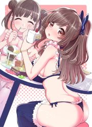 Rule 34 | 2girls, ass, blue bow, blue bra, blue panties, blue thighhighs, blush, bow, bra, bracelet, breasts, brown hair, butt crack, cake, chair, chestnut mouth, cleavage, commentary request, double bun, eating, food, food on face, frilled bra, frilled legwear, frilled panties, frills, fruit, hair bow, hair bun, hanauna, hand on own cheek, hand on own face, heart, highres, idolmaster, idolmaster shiny colors, jewelry, large breasts, lips, long hair, looking at viewer, looking back, multiple girls, open mouth, panties, parfait, polka dot, ponytail, red eyes, ribbed legwear, ribbon-trimmed legwear, ribbon trim, sideboob, sitting, smile, sonoda chiyoko, strawberry, swept bangs, table, thighhighs, thong, tsukioka kogane, twintails, underwear, underwear only, white legwear, white panties