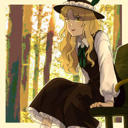 Rule 34 | 1girl, :d, arm support, backlighting, black dress, black hat, blonde hair, bloom, border, collared shirt, dolls in pseudo paradise, dress, dress shirt, feet out of frame, forest, frilled hat, frills, from side, green ribbon, hat, highres, jacket girl (dipp), long dress, long hair, long sleeves, looking at viewer, looking to the side, nature, neck ribbon, nekolina, open mouth, outline, outside border, parted bangs, parted lips, petticoat, pinafore dress, puffy long sleeves, puffy sleeves, ribbon, shade, shirt, sitting, sleeveless, sleeveless dress, smile, solo, sunlight, touhou, wavy hair, white shirt, wing collar, yellow eyes