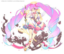 Rule 34 | 1girl, ;q, absurdly long hair, angel wings, anklet, arrow (projectile), bag, barefoot, blue hair, bow, bow (weapon), candy, carrying, chocolate, chocolate heart, dokodemo dungeon, dress, food, full body, halo, handbag, heart, heart-shaped pupils, holding, holding arrow, holding bow (weapon), holding weapon, jewelry, long hair, looking at viewer, multicolored hair, official art, one eye closed, pink hair, sash, shoulder carry, solo, symbol-shaped pupils, thigh strap, toeless legwear, toes, tongue, tongue out, twintails, two-tone hair, very long hair, weapon, wings