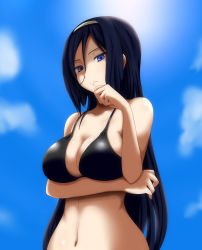 Rule 34 | 10s, 1girl, bikini, black bikini, black hair, blue eyes, breast hold, breasts, breasts squeezed together, cleavage, frown, hair between eyes, hairband, hyouka, irisu fuyumi, large breasts, long hair, md5 mismatch, navel, resolution mismatch, ryuusama, solo, source larger, sun, swimsuit, upper body, wide hips