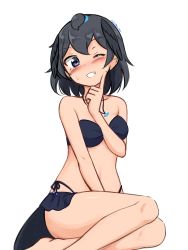 1girl, absurdres, arm between breasts, bangs, bare arms, bare legs, bare shoulders, barefoot, between breasts, between legs, bikini, black bikini, black eyes, black hair, black skirt, blush, breasts, commentary, eyebrows visible through hair, finger to face, greater lophorina (kemono friends), grin, hand between legs, head wings, highres, jewelry, kemono friends, medium breasts, microskirt, one eye closed, pendant, shiraha maru, short hair, side-tie bikini, simple background, sitting, skirt, smile, solo, sweatdrop, swimsuit, tail, twitter username, white background