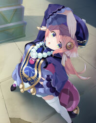 Rule 34 | 1girl, arm up, bead necklace, beads, breasts, coin hair ornament, cosplay, genshin impact, green eyes, hair between eyes, hair ornament, hat, jewelry, jiangshi, long hair, long sleeves, looking at viewer, medium breasts, multicolored hair, necklace, ofuda, open mouth, pink hair, qingdai guanmao, qiqi (genshin impact), qiqi (genshin impact) (cosplay), solo, thighhighs, white hair, white thighhighs, yanfei (genshin impact), zenzai tarou