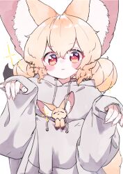 Rule 34 | 1girl, :3, animal, animal ear fluff, animal ears, blonde hair, blush stickers, closed mouth, commentary request, creature and personification, double bun, drawstring, fennec fox, fox ears, fox girl, fox tail, grey hoodie, hair between eyes, hair bun, hands up, highres, hood, hood down, hoodie, long sleeves, looking at viewer, megateru, original, puffy long sleeves, puffy sleeves, red eyes, simple background, sleeves past wrists, smile, solo, tail, upper body, white background