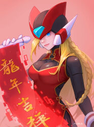 Rule 34 | 1girl, absurdres, black bodysuit, bliss zero (mega man), blonde hair, blue eyes, bodysuit, braid, breasts, china dress, chinese clothes, chinese new year, chinese text, chinese zodiac, cleavage, commentary, dress, genderswap, genderswap (mtf), helmet, highres, large breasts, long hair, mega man (series), mega man zero (series), midnight bliss, nao (gatita), revision, robot girl, svc chaos, year of the dragon, zero(z) (mega man), zero (mega man)