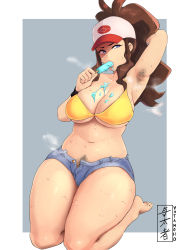 Rule 34 | 1girl, absurdres, arm behind head, arm up, armpit hair, armpits, baseball cap, bikini, bikini top only, blue eyes, border, breasts, brown hair, cleavage, creatures (company), curvy, cutoffs, denim, denim shorts, dripping, eating, eyebrows, feet, female focus, female pubic hair, food, food on body, food on breasts, game freak, hairy, hat, high ponytail, highres, hilda (pokemon), ice cream, large breasts, legs together, lips, long hair, navel, nintendo, open clothes, open fly, open shorts, outside border, pokemon, pokemon bw, ponytail, popsicle, pubic hair, seiza, shiny skin, shorts, sidelocks, sideways glance, sitting, smell, solo, stomach, sweat, swimsuit, thick thighs, thighs, unbuttoned, watermark, white border, wristband, yellow bikini, yotamono