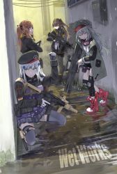 Rule 34 | 404 (girls&#039; frontline), 4girls, absurdres, arm up, assault rifle, beret, black gloves, black legwear, black ribbon, blunt bangs, blush, brown hair, bullpup, caseless firearm, commentary request, facial mark, fingerless gloves, full body, g11 (girls&#039; frontline), girls&#039; frontline, gloves, green eyes, green jacket, grey eyes, grey hair, gun, h&amp;k g11, h&amp;k hk416, h&amp;k ump, h&amp;k ump, h&amp;k ump, hair between eyes, hair ornament, hair ribbon, hairclip, hat, highres, hk416 (girls&#039; frontline), holding, jacket, long hair, looking at viewer, multiple girls, one side up, orange eyes, pantyhose, parted lips, plaid, plaid skirt, puddle, rain, ribbon, rifle, scar, scar across eye, scar on face, shirt, shoes, shu70077, skirt, sleepy, sleeveless, sleeveless shirt, smile, sneakers, squatting, standing, suppressor, teardrop, thighhighs, twintails, twitter username, ump45 (girls&#039; frontline), ump9 (girls&#039; frontline), weapon, white gloves, white shirt, window magazine