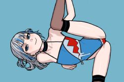 Rule 34 | 1girl, black choker, black thighhighs, blue background, blue eyes, blue hair, blue one-piece swimsuit, choker, closed mouth, feet out of frame, female focus, flat chest, gawr gura, grey hair, hair ornament, highleg, highleg swimsuit, hololive, hololive english, leg up, looking at viewer, one-piece swimsuit, paid reward available, shark hair ornament, shark print, simple background, smile, solo, spread legs, swimsuit, thighhighs, thighs, virtual youtuber, wabaki
