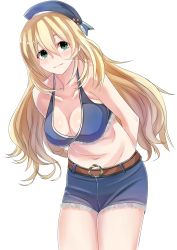 Rule 34 | 10s, 1girl, absurdres, alternate costume, arms behind back, atago (kancolle), bad id, bad pixiv id, bent over, beret, blonde hair, blush, breasts, burai yuuki, cleavage, collarbone, cowboy shot, female focus, green eyes, halterneck, hat, highres, kantai collection, large breasts, leaning forward, light smile, long hair, looking at viewer, midriff, navel, shorts, solo, transparent background