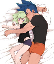 Rule 34 | 2boys, aus vaka, bed, black shirt, blue eyes, blue hair, blush, bulge, bulge press, bulge to ass, closed mouth, couple, earrings, erection, erection under clothes, eye contact, feet out of frame, galo thymos, green hair, highres, jewelry, lio fotia, looking at another, looking back, lying, male focus, male underwear, mohawk, multiple boys, muscular, muscular male, on side, orange male underwear, profile, promare, purple eyes, purple male underwear, shirt, short hair, short hair with long locks, sidelocks, simple background, single earring, size difference, skinny, spiked hair, sweatdrop, triangle earrings, underwear, white background, yaoi