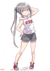 Rule 34 | 1girl, alternate costume, blunt bangs, brown eyes, fuji (pixiv24804665), full body, grey hair, grey shorts, highres, hood, hooded sweater, kantai collection, kasumi (kancolle), long hair, red footwear, shoes, shorts, side ponytail, simple background, sleeveless, sleeveless sweater, sneakers, solo, sweater, white background