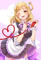 Rule 34 | 1girl, ;d, apron, bad id, bad twitter id, black vest, blonde hair, blush, bow, bowtie, commentary request, finger to cheek, frilled apron, frilled shirt collar, frills, hair rings, heart, highres, inactive account, ketchup, ketchup bottle, love live!, love live! school idol festival, love live! sunshine!!, maid, maid headdress, ohara mari, one eye closed, open mouth, purple bow, purple bowtie, purple sash, sash, shuga (0329tixi), smile, solo, sparkle, squirting liquid, striped bow, striped bowtie, striped clothes, striped neckwear, vest, waist apron, wrist cuffs, yellow eyes