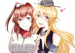 Rule 34 | 10s, 2girls, :d, aqua eyes, arms at sides, blonde hair, blue eyes, breast pocket, breasts, brown hair, cleavage, detached sleeves, elbow gloves, fingerless gloves, gloves, hair between eyes, hair ornament, hands on another&#039;s shoulders, headgear, impossible clothes, iowa (kancolle), kantai collection, large breasts, light smile, long hair, looking at viewer, matsuruuu, multiple girls, neckerchief, open mouth, pocket, ponytail, red neckerchief, saratoga (kancolle), side ponytail, smile, smokestack, star-shaped pupils, star (symbol), symbol-shaped pupils, tongue, upper body