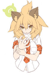 Rule 34 | 1girl, animal ear fluff, animal ears, blonde hair, breast pocket, breasts, commentary request, cropped torso, fur collar, hair between eyes, hand on own wrist, kemono friends, lion (kemono friends), lion ears, logo, long hair, looking at viewer, medium breasts, necktie, plaid necktie, pocket, red necktie, ryo (tg290), shirt, short sleeves, simple background, sleeve cuffs, solo, upper body, white background, white shirt