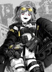 Rule 34 | 1girl, breasts, buckle, bullpup, coat, commission, double bun, ebiblue, eyewear on head, fingerless gloves, gas mask, gesugao, girls&#039; frontline, gloves, gun, hair bun, highres, long sleeves, looking at viewer, mask, medium breasts, open mouth, p90, p90 (girls&#039; frontline), partially colored, personal defense weapon, pouch, red eyes, short hair, smile, snap-fit buckle, solo, strap, submachine gun, sunglasses, tactical clothes, thigh strap, weapon