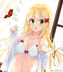 Rule 34 | 1girl, bare shoulders, blonde hair, bloom, blush, bow, bow bra, bra, braid, breasts, bug, butterfly, butterfly hair ornament, collarbone, dressing, green eyes, hair ornament, highres, indoors, insect, long hair, long sleeves, looking at viewer, medium breasts, na kyo, navel, off shoulder, open clothes, open mouth, open shirt, original, red bow, red butterfly, red ribbon, ribbon, shirt, side braid, solo, underwear, upper body, white bra, white shirt, window
