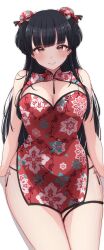 Rule 34 | 1girl, absurdres, alternate costume, black hair, black panties, blush, breasts, bun cover, china dress, chinese clothes, cleavage, cleavage cutout, clothing cutout, double bun, dress, floral print, hair bun, highres, idolmaster, idolmaster shiny colors, kyana (5024777), large breasts, long hair, looking at viewer, mayuzumi fuyuko, panties, pelvic curtain, simple background, smile, solo, thigh strap, underwear, very long hair, white background