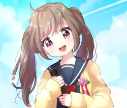 Rule 34 | 1girl, :d, ahoge, blush, bow, bowtie, brooch, brown hair, cardigan, day, diploma, graduation, head tilt, holding, jewelry, light particles, long hair, long sleeves, looking at viewer, mmmera827, open mouth, original, pink eyes, school uniform, serafuku, sky, smile, solo, twintails