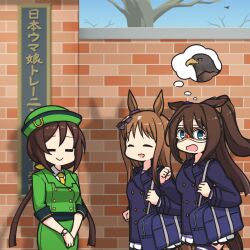 Rule 34 | 3girls, animal ears, bird, bird wings, blue eyes, blue jacket, breasts, brick, brick wall, brown hair, buttons, clenched hand, closed eyes, double-breasted, eagle, el condor pasa (umamusume), grass wonder (umamusume), green hat, green jacket, green skirt, hair between eyes, hair ornament, hair up, half-sleeves, hamu koutarou, hat, hayakawa tazuna, highres, horse girl, jacket, light brown hair, long sleeves, looking at viewer, low twintails, multiple girls, neckerchief, open mouth, pleated skirt, shoulder strap, skirt, sky, smile, standing, thought bubble, town musicians of bremen, tracen academy, translation request, tree, twintails, umamusume, watch, wings, wristwatch, yellow neckerchief