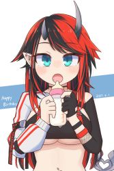 Rule 34 | 1girl, arm strap, baby bottle, bikini, black bikini, black hair, blue eyes, blush, bottle, breasts, commentary, compression sleeve, dated, demon girl, demon horns, demon tail, ear piercing, happy birthday, holding, holding bottle, horns, jacket, jewelry, large breasts, long hair, looking at viewer, multicolored hair, nanashi inc., navel piercing, necklace, no eyewear, official alternate costume, open mouth, piercing, pointy ears, red hair, ryugasaki rene, ryugasaki rene (2nd costume), shrug (clothing), smith.s, solo, striped clothes, striped jacket, sugar lyric, swimsuit, tail, two-tone hair, underboob, upper body, virtual youtuber, white background, white jacket