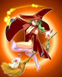 Rule 34 | 1990s (style), 1girl, blue eyes, boots, breasts, broom, cleavage, earrings, final fantasy, final fantasy vi, green hair, hat, high heel boots, high heels, jewelry, lamp, large breasts, leotard, long hair, moogle, pink footwear, pink heels, red leotard, ring, shoes, solo, thigh boots, thighhighs, tina branford, witch hat