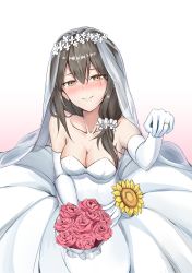 Rule 34 | 1girl, absurdres, blush, bouquet, breasts, bridal veil, cleavage, commentary request, dress, elbow gloves, flower, girls&#039; frontline, gloves, grey hair, happy tears, helianthus (girls&#039; frontline), highres, jewelry, ky (ky990533), large breasts, ring, smile, solo, strapless, strapless dress, sunflower, tears, veil, wedding band, wedding dress, yellow eyes