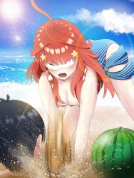 Rule 34 | 1boy, 1girl, 5sistersnet, ahoge, bare shoulders, beach, blindfold, blue one-piece swimsuit, breasts, buried, cleavage, collarbone, day, double-parted bangs, food, fruit, go-toubun no hanayome, hair ornament, highres, huge ahoge, large breasts, leaning forward, lens flare, long hair, nakano itsuki, ocean, one-piece swimsuit, open mouth, red hair, sand, sky, speed lines, star (symbol), star hair ornament, stick, striped clothes, striped one-piece swimsuit, suikawari, sun, swimsuit, twitter username, uesugi fuutarou, vertical-striped clothes, vertical-striped one-piece swimsuit, watermelon, white one-piece swimsuit