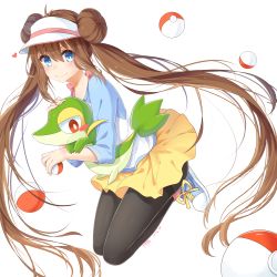 Rule 34 | 10s, 1girl, absurdres, bad id, bad pixiv id, black pantyhose, blue eyes, blush stickers, bow, brown hair, creatures (company), dated, double bun, full body, game freak, gen 5 pokemon, hair bun, heart, highres, holding, holding poke ball, long hair, looking at viewer, nintendo, pantyhose, poke ball, pokemon, pokemon (creature), pokemon bw2, raglan sleeves, rosa (pokemon), shorts, signature, smile, snivy, transistor, twintails, very long hair, visor cap