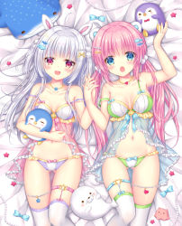 Rule 34 | &gt; o, 2girls, :d, ahoge, animal ears, arm up, babydoll, bare shoulders, bear ears, blue bow, blue eyes, blush, bow, bow panties, breasts, closed eyes, collarbone, commentary request, fingernails, fish hair ornament, gluteal fold, green panties, hair between eyes, hair ornament, hairclip, hand up, heart, highres, holding hands, interlocked fingers, jewelry, kohinata hoshimi, long hair, low twintails, lying, medium breasts, multiple girls, navel, necklace, on back, one eye closed, open mouth, original, panties, pink hair, pom pom (clothes), purple panties, rabbit ears, red eyes, silver hair, smile, star (symbol), stuffed animal, stuffed penguin, stuffed seal, stuffed toy, thighhighs, twintails, underwear, very long hair, white legwear, x hair ornament