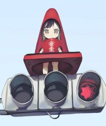 Rule 34 | 1other, :|, androgynous, black hair, blue sky, chibi, closed mouth, commentary request, costume, from below, full body, grey eyes, highres, looking at viewer, looking up, original, outdoors, short eyebrows, sidelocks, sky, standing, tokiwata soul, traffic cone, traffic light, v-shaped eyebrows