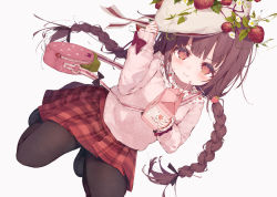 Rule 34 | 1girl, bag, bendy straw, beret, black bow, black footwear, black pantyhose, bow, braid, brown eyes, brown hair, closed mouth, commentary, dolphro-kun, drinking straw, dutch angle, flower, food, food-themed hair ornament, fruit, grey background, hair ornament, hand on headwear, hand up, hat, holding, loafers, long hair, long sleeves, looking at viewer, low twintails, milk carton, original, pantyhose, pink shirt, plaid, plaid skirt, pleated skirt, polka dot, polka dot shirt, red bow, red skirt, shirt, shoes, shoulder bag, simple background, skirt, sleeves past wrists, solo, strawberry, strawberry blossoms, strawberry hair ornament, symbol-only commentary, twin braids, twintails, very long hair, wavy mouth, white flower, white hat