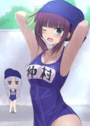 Rule 34 | 2girls, ;d, angel beats!, armpits, arms at sides, arms up, blue one-piece swimsuit, blunt bangs, blush, bow, breasts, character name, chibi, chibi inset, cleavage, collarbone, commentary request, cowboy shot, curvy, day, expressionless, green bow, green eyes, hair bow, happy, jitome, lelie (lelie link), looking at another, looking at viewer, medium breasts, medium hair, motion lines, multiple girls, nakamura yuri, one-piece swimsuit, one eye closed, open mouth, outdoors, paid reward available, purple hair, school swimsuit, sidelocks, smile, solo focus, sparkle, standing, straight hair, swim cap, swimsuit, tachibana kanade, v-shaped eyebrows, wet