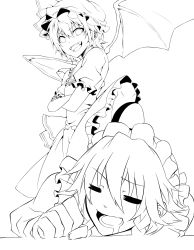 Rule 34 | 2girls, = =, bat wings, blue dress, closed eyes, crossed arms, dress, drooling, fang, female focus, femdom, greyscale, hat, hat ribbon, highres, izayoi sakuya, lineart, maid, maid headdress, monochrome, multiple girls, open mouth, puffy sleeves, r waizumi, remilia scarlet, ribbon, short sleeves, silver hair, simple background, smile, touhou, transparent background, wa (r waizumi), wings, yuri