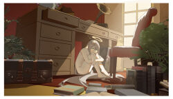 Rule 34 | 1girl, absurdly long hair, aia amare, barefoot, book, border, cabinet, chest of drawers, completely nude, covered mouth, desk, drawer, full body, green eyes, grey hair, halo, highres, hugging own legs, indoors, knees up, kongdebiekanl, long hair, looking at viewer, nijisanji, nijisanji en, nude, on floor, open drawer, phonograph, plant, potted plant, sitting, solo, sunlight, very long hair, virtual youtuber, window