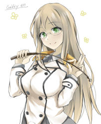 Rule 34 | 1girl, alternate hairstyle, black necktie, brown hair, buttons, commentary request, double-breasted, epaulettes, gakky, green eyes, hair down, jacket, kantai collection, katori (kancolle), light brown hair, long hair, looking at viewer, military, military uniform, necktie, one-hour drawing challenge, parted bangs, riding crop, rimless eyewear, solo, uniform, upper body