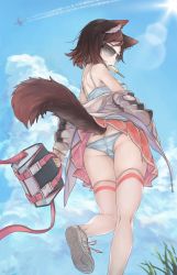 Rule 34 | 1girl, animal ear fluff, animal ears, ass, bag, bare shoulders, cloud, copyright request, day, food, food in mouth, klem, kneepits, looking at viewer, off shoulder, panties, pantyshot, popsicle, red skirt, shoe soles, shoes, skirt, sky, sneakers, solo, standing, striped clothes, striped panties, sunglasses, tail, thighhighs, tinted eyewear, underwear, walking, white footwear, white thighhighs