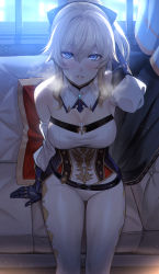 Rule 34 | 1girl, bare shoulders, belt, blonde hair, blue eyes, blush, bow, breasts, cleavage, couch, deras, detached collar, detached sleeves, gauntlets, genshin impact, gloves, hair bow, high ponytail, highres, jean (genshin impact), large breasts, long hair, looking at viewer, pants, sidelocks, sitting, thighs, tight clothes, tight pants, white pants, window