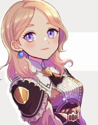 Rule 34 | 1girl, blonde hair, blue eyes, breasts, brooch, earrings, fire emblem, fire emblem: three houses, fire emblem warriors: three hopes, gogatsu (yeaholiday), jewelry, lips, looking at viewer, medium breasts, medium hair, mercedes von martritz, nintendo, parted hair, pink lips, smile, solo, upper body