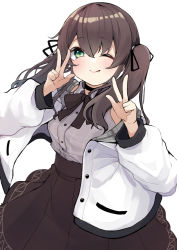 Rule 34 | 1girl, ;p, black bow, black choker, black ribbon, black skirt, bow, breasts, brown hair, choker, closed mouth, collared shirt, commentary request, double v, dress shirt, green eyes, grey shirt, hair between eyes, hair ribbon, hands up, hololive, jacket, long sleeves, minato yu, natsuiro matsuri, natsuiro matsuri (casual), off shoulder, one eye closed, open clothes, open jacket, pleated skirt, puffy long sleeves, puffy sleeves, ribbon, shirt, simple background, skirt, small breasts, smile, solo, tongue, tongue out, twintails, v, virtual youtuber, white background, white jacket
