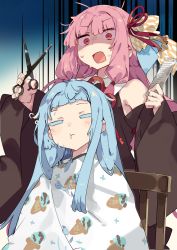 Rule 34 | 2girls, :3, bare shoulders, blue hair, brown dress, chair, closed mouth, colored eyelashes, comb, commentary request, cutting hair, detached sleeves, dress, drooling, fang, hair ribbon, highres, holding, holding scissors, karei, kotonoha akane, kotonoha aoi, long hair, long sleeves, multiple girls, open mouth, pink hair, red eyes, red ribbon, ribbon, saliva, scissors, shaded face, siblings, sisters, sitting, sleeveless, sleeveless dress, sleeves past wrists, sweat, towel, twins, very long hair, voiceroid, wide-eyed, wide sleeves