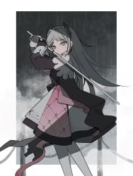 Rule 34 | 1girl, ammunition belt, arknights, bevelled mirror, black dress, black footwear, black gloves, border, dress, earrings, gloves, grey background, grey eyes, grey hair, hair intakes, head wings, highres, holding, holding sword, holding weapon, irene (arknights), jewelry, long hair, long sleeves, looking at viewer, multicolored clothes, multicolored dress, outdoors, outside border, pantyhose, pink dress, pink ribbon, rain, rapier, ribbon, scar, scar on face, shoes, solo, sword, weapon, white border, white dress, white pantyhose, wings