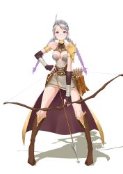 Rule 34 | 1girl, absurdres, ahoge, boots, bow (weapon), braid, breasts, cosplay, fingerless gloves, fire emblem, fire emblem fates, full body, glory emblem, gloves, grace (glory emblem), grace (glory emblem) (cosplay), highres, holding, holding weapon, igni tion, looking at viewer, medium breasts, nina (fire emblem), nintendo, solo, twintails, weapon, white background