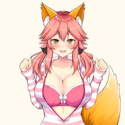 Rule 34 | 10s, 1girl, animal ears, bad id, bad pixiv id, breasts, fang, fate/extra, fate (series), fox ears, fox tail, kisaragi nana, large breasts, long hair, looking at viewer, official alternate costume, pink hair, smile, solo, tail, tamamo (fate), tamamo no mae (fate/extra), tamamo no mae (spring casual) (fate), yellow eyes