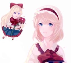 Rule 34 | 1girl, alice margatroid, bad id, bad pixiv id, blonde hair, blue dress, blue eyes, blurry, blush, bow, capelet, dress, floating, flower, frilled dress, frills, hair bow, hairband, holding, holding flower, hyeon ji, long hair, looking at another, open mouth, purple eyes, shanghai doll, short hair, simple background, smile, solo, touhou, very long hair, white background, wristband