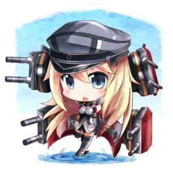 Rule 34 | 10s, 1girl, bismarck (kancolle), bismarck kai (kancolle), blonde hair, blue eyes, blush, breasts, brown gloves, cannon, chibi, detached sleeves, gasuto (kamikami), gloves, grey thighhighs, hat, kantai collection, long hair, military, military hat, military uniform, peaked cap, personification, solo, thighhighs, turret, uniform