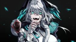 Rule 34 | 1girl, absurdres, aqua eyes, aqua wings, arknights, black background, black wings, blood, blood on face, breasts, eyelashes, fangs, fingerless gloves, fingernails, forked tongue, gloves, grey hair, hair between eyes, highres, ho&#039;olheyak (arknights), kithera, large breasts, long sleeves, looking at viewer, multicolored wings, nail, open mouth, saliva, sharp fingernails, simple background, snake, solo, teeth, tongue, upper body, white gloves, white snake, wings