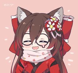 Rule 34 | 1girl, ^ ^, animal ears, blush, bow, brown hair, cat ears, chibi, closed eyes, hair between eyes, hair bow, highres, hololive, huge bow, japanese clothes, kemonomimi mode, kimono, kukie-nyan, long hair, open mouth, pink scarf, red bow, red kimono, roboco-san, roboco-san (new year), scarf, smile, solo, twitter username, upper body, virtual youtuber