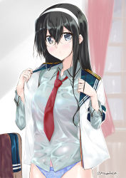 Rule 34 | 1girl, black hair, blue eyes, blue panties, blue sailor collar, blush, breasts, curtains, hair between eyes, hairband, indoors, kantai collection, long hair, long sleeves, looking at viewer, mikage takashi, necktie, no pants, ooyodo (kancolle), open clothes, panties, red necktie, sailor collar, see-through, solo, twitter username, underwear, wet, wet clothes, white hairband, window